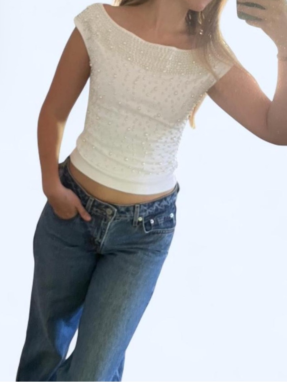 Pearl-Embellished White Cap-Sleeve Camisole Top